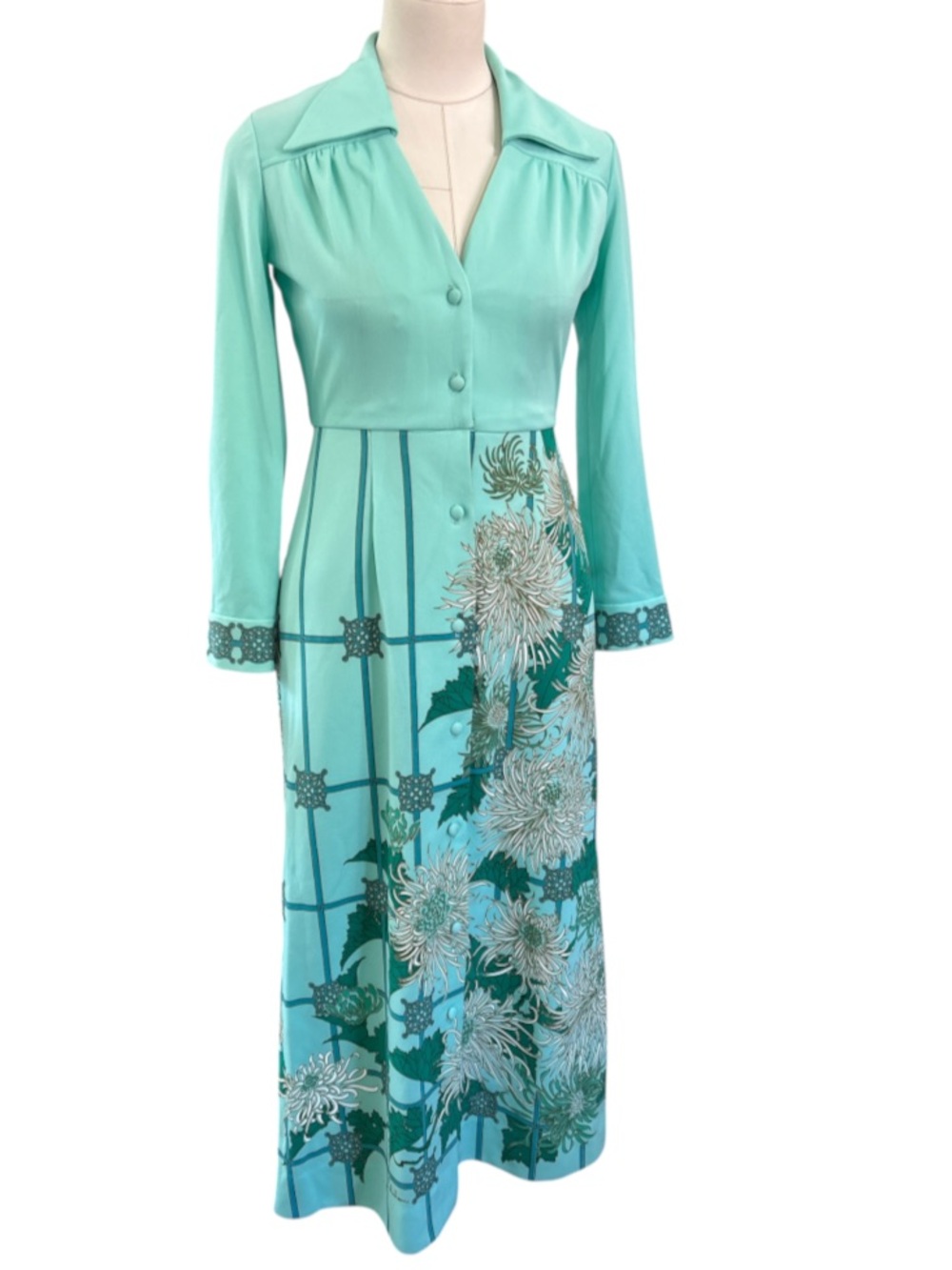 Vintage 70’s Alfred Shaheen floral windowpane button down maxi dress green small